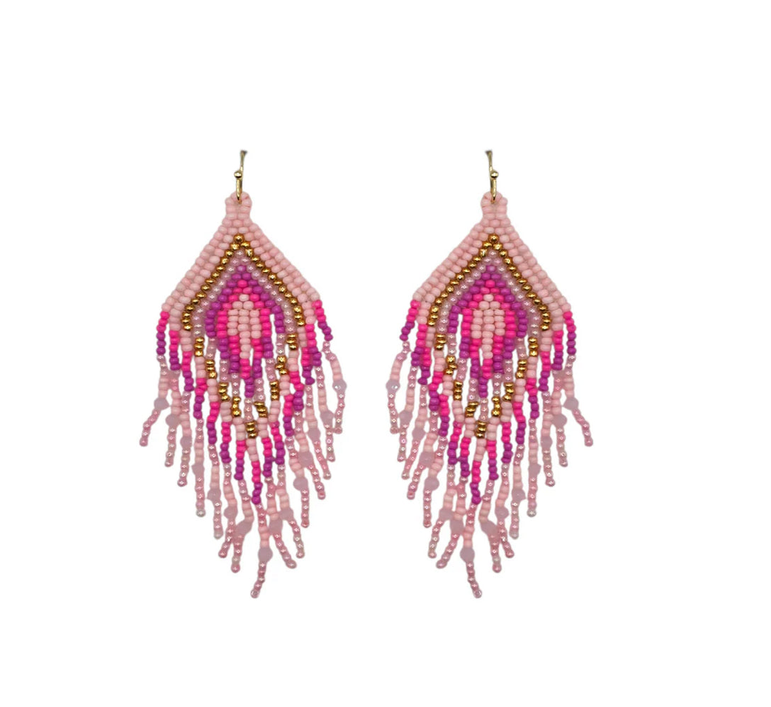 Beaded Fuchsia & Bronze Triangle Drape Hook Earrings