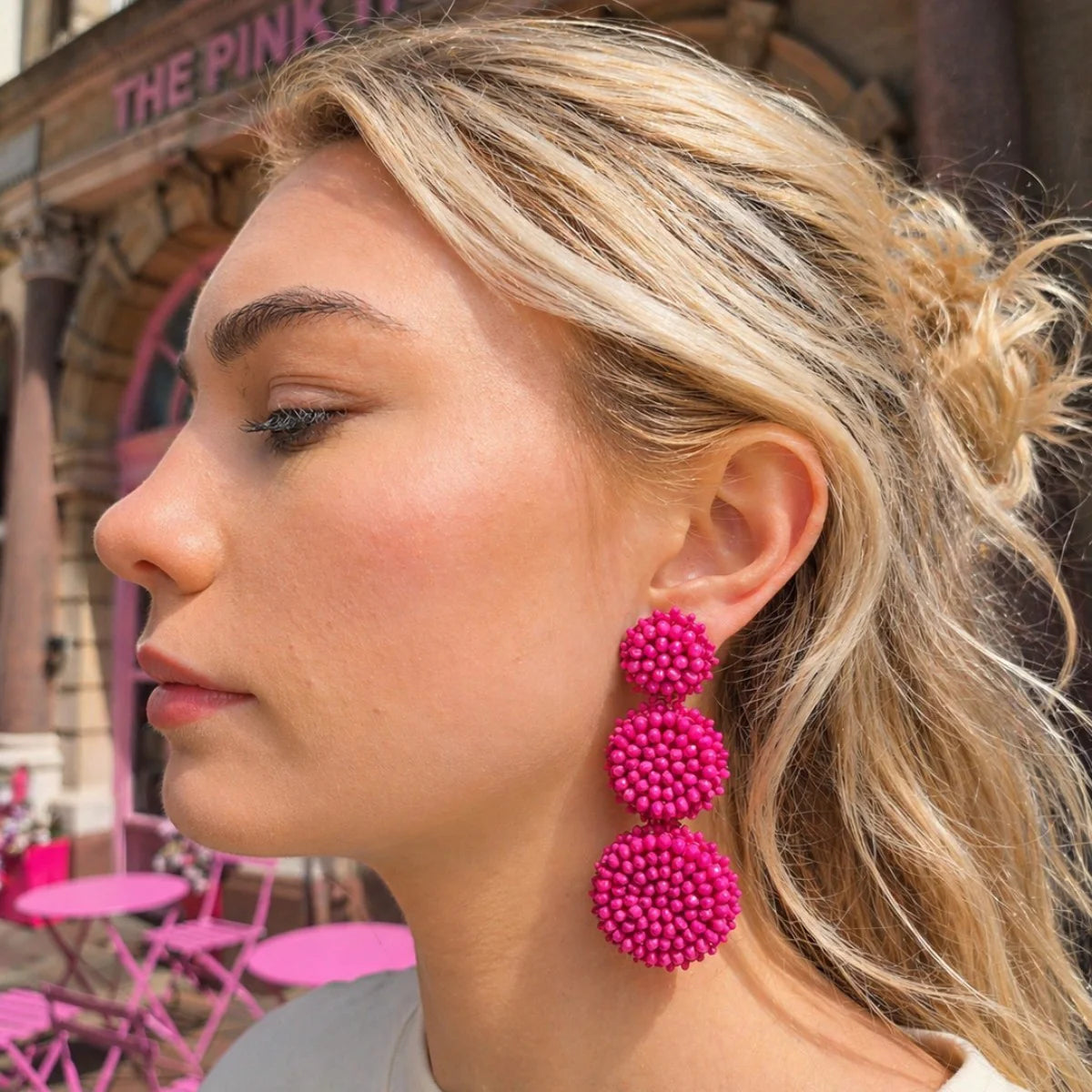 Fuschia Triple Circle Crystal Drop Earrings