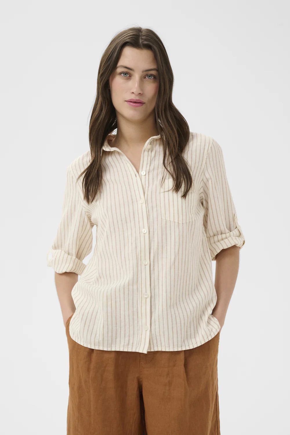Cindie Button Up Linen Shirt - Neutral Stripe