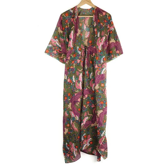 Khaki & Purple  Paradise Print Cotton Kaftan