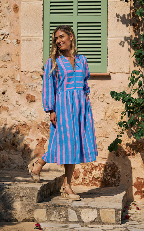 St. Tropez Cotton Dress Embroidered Pattern Blue/Neon Pink