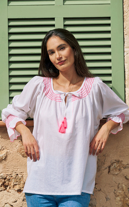 Villefranche Cotton Top Emroidered Neon Details White/Pink