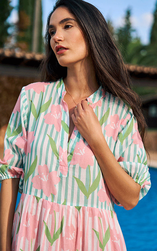 Sassari Long Cotton Dress Printed Pattern Green/Pink