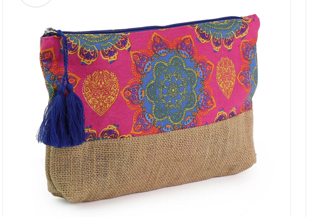 Cotton & Jute Pouch - Mandala Print Pink & Blue