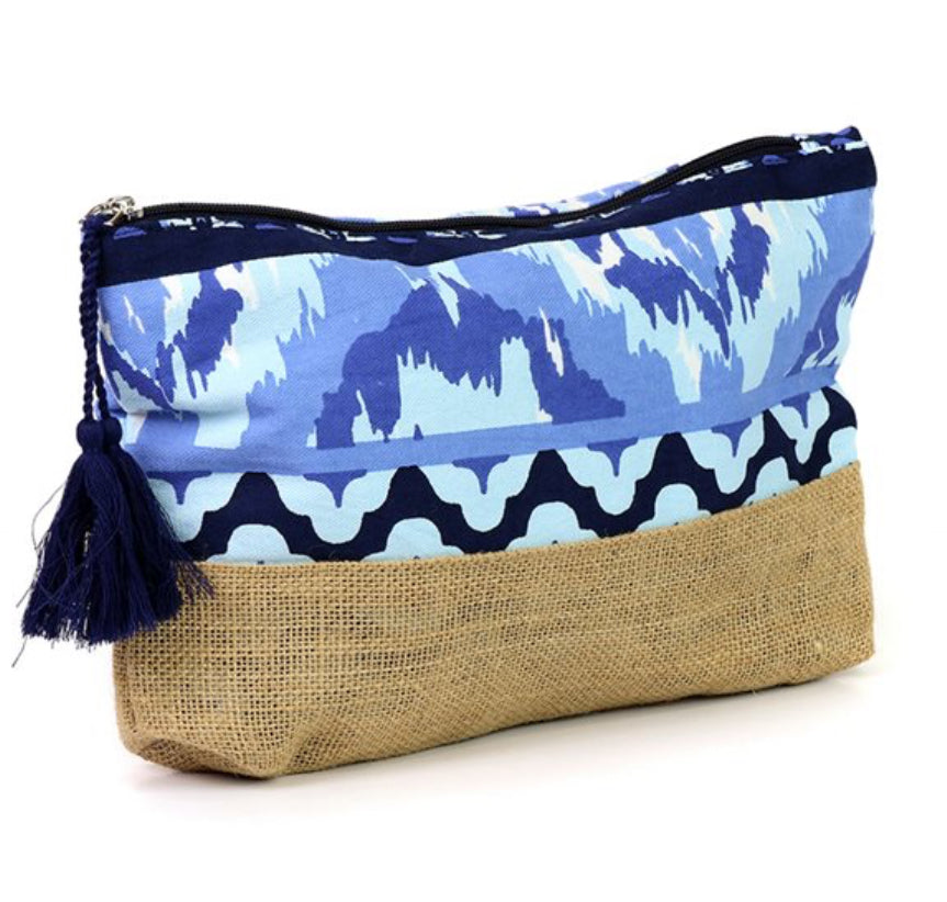 Cotton & Jute Pouch - Blue Tile  Ikat