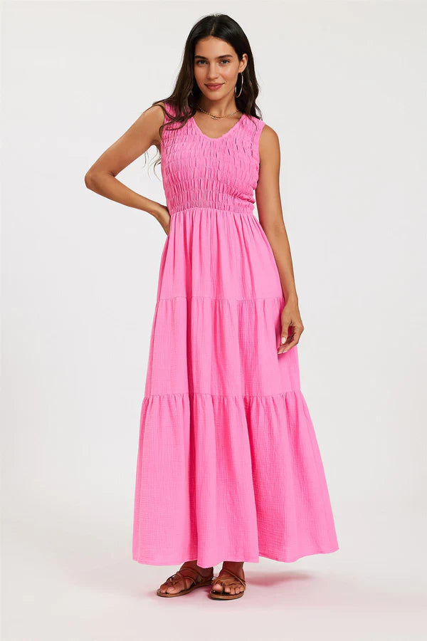 Shirred Tiered Maxi Dress with Sleeveless V-Neck - Pink