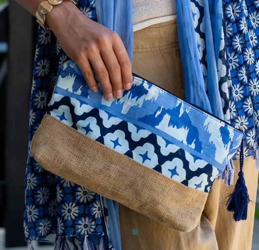 Cotton & Jute Pouch - Blue Tile  Ikat