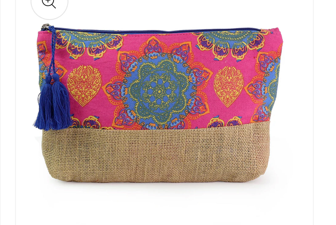 Cotton & Jute Pouch - Mandala Print Pink & Blue
