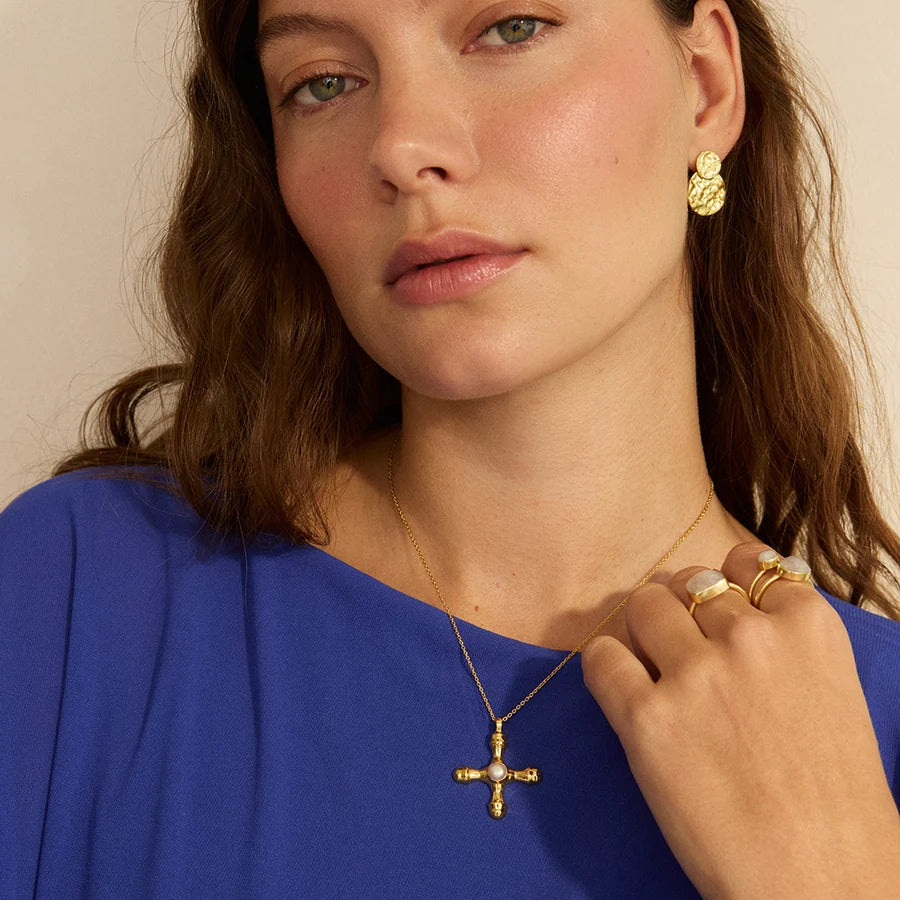 Clemente Gold Pearl Cross Pendant Necklace