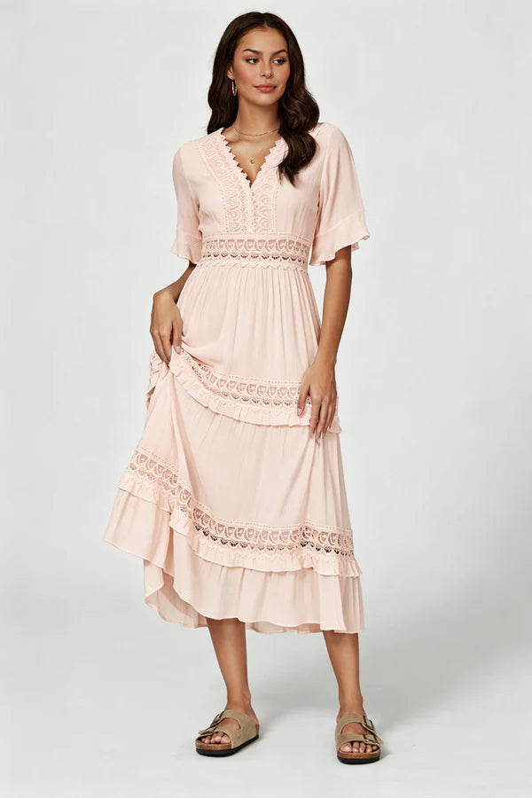 V Neck Lace Detail Midi Dress In Soft Champagne