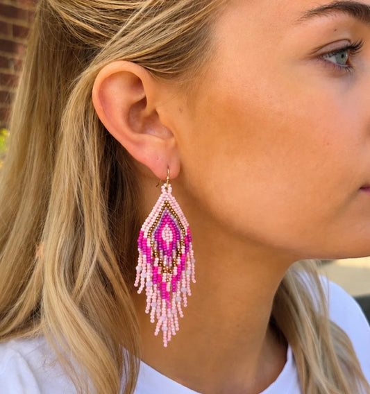 Beaded Fuchsia & Bronze Triangle Drape Hook Earrings