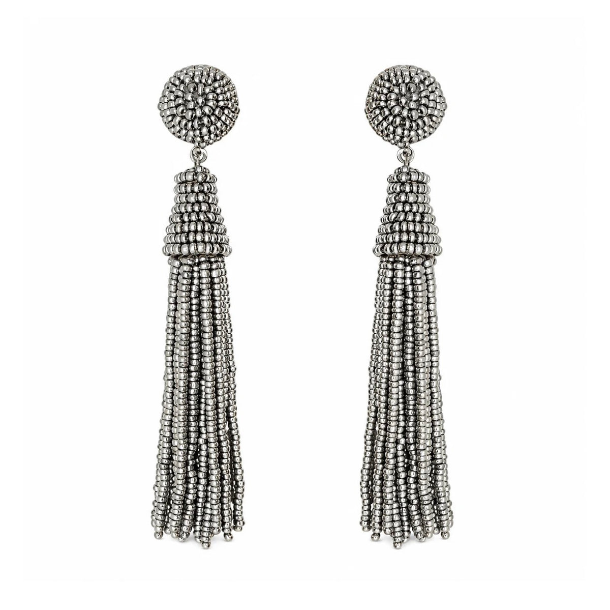 Beaded Tassel Cone Earrings - Silver