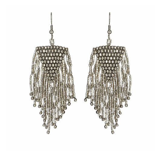 Beaded Fringe Earrings - Silver