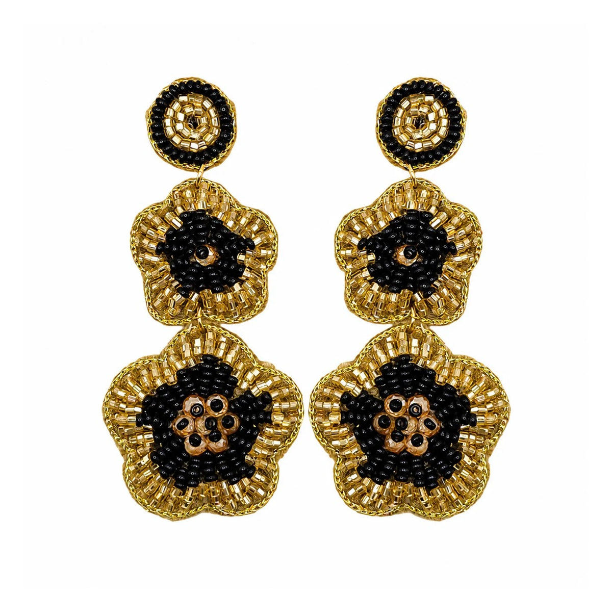 Gold Shimmer Double Drop Flower Earrings - Black
