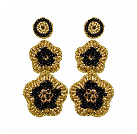 Gold Shimmer Double Drop Flower Earrings - Black