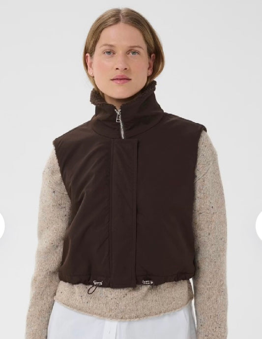 Cathlin Cropped Reversible Teddy Gilet with High Collar -Brown