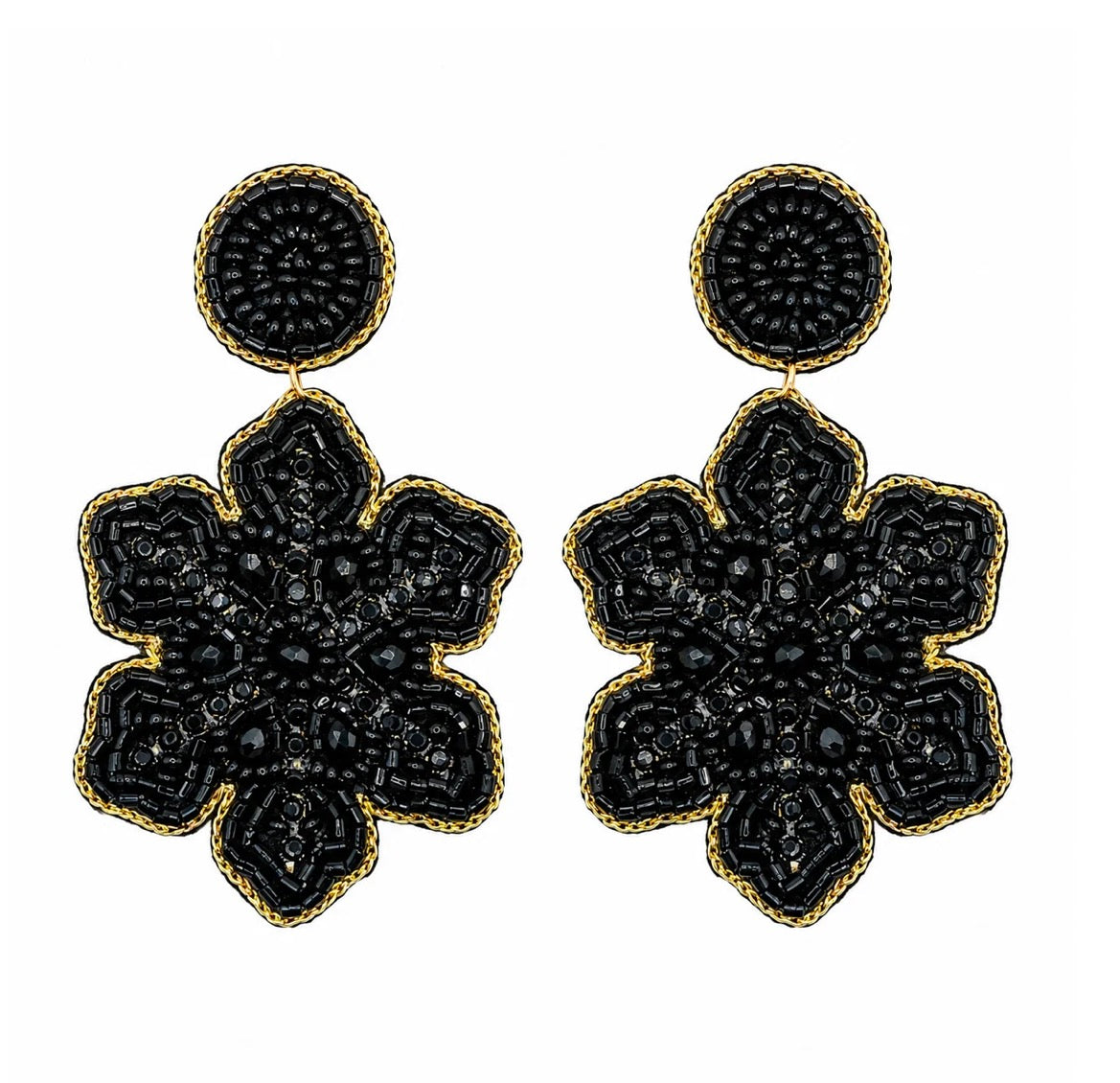 Beaded Flower Drop Earrings - Black