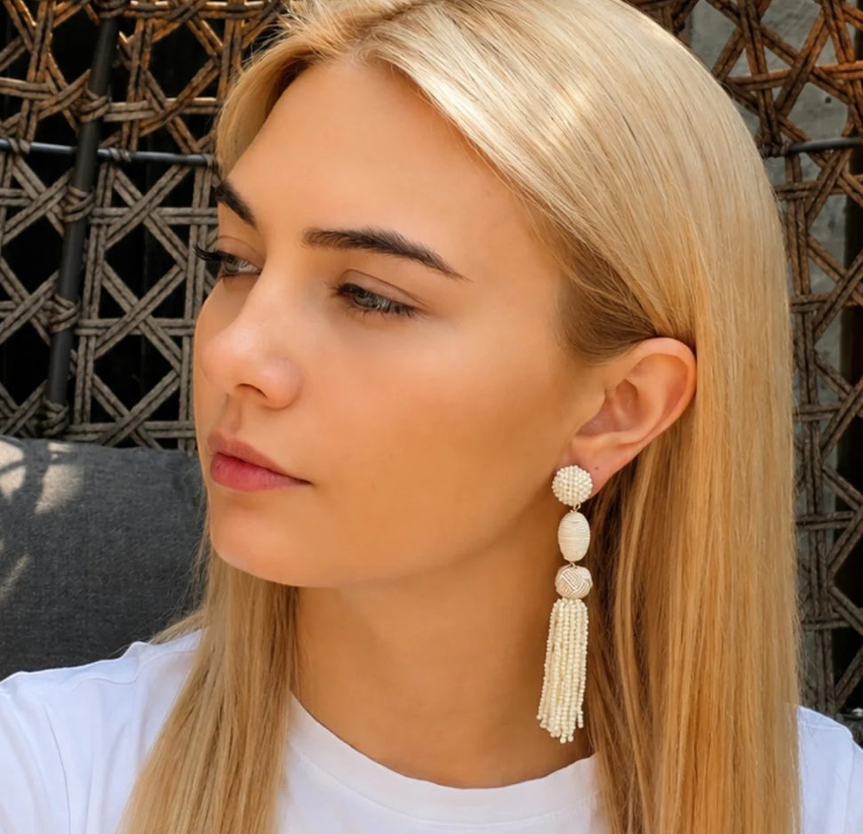 Ivory Woven Ball Tassel Earrings