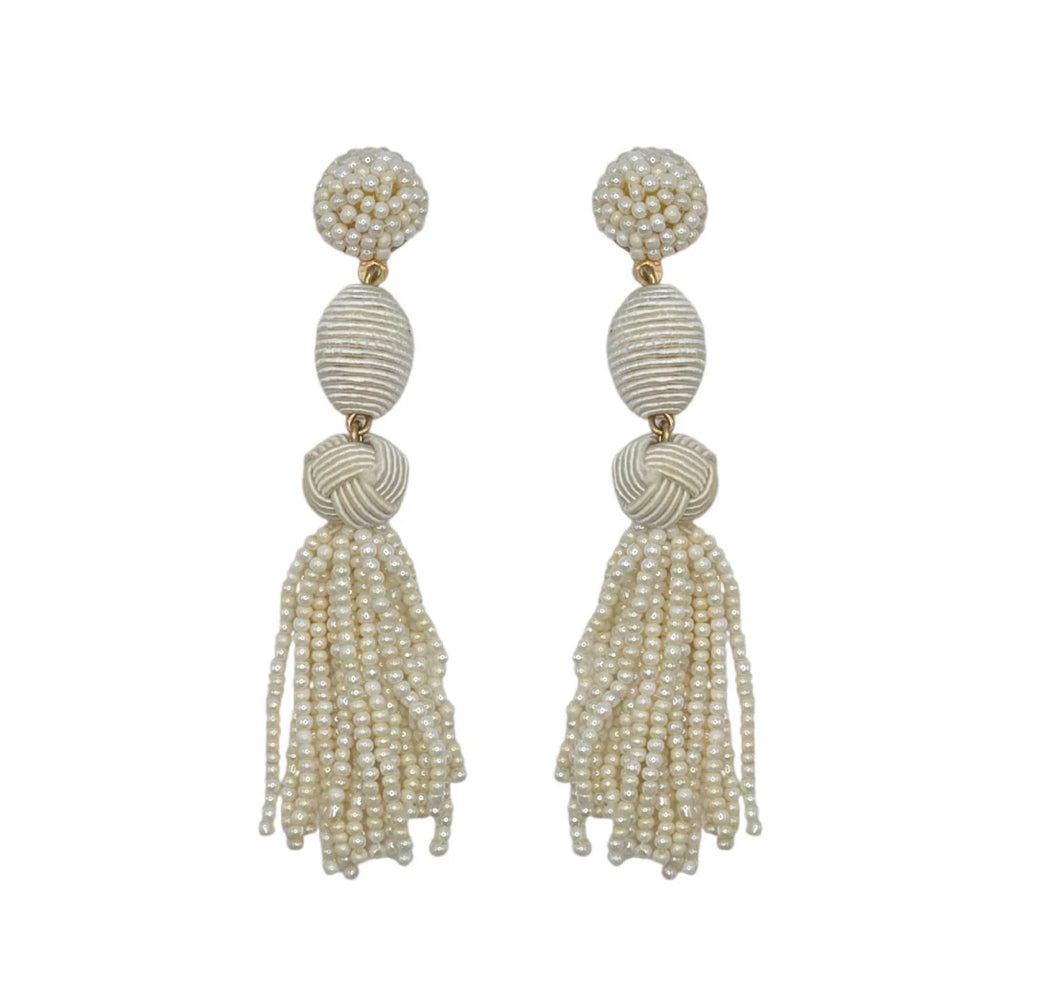Ivory Woven Ball Tassel Earrings