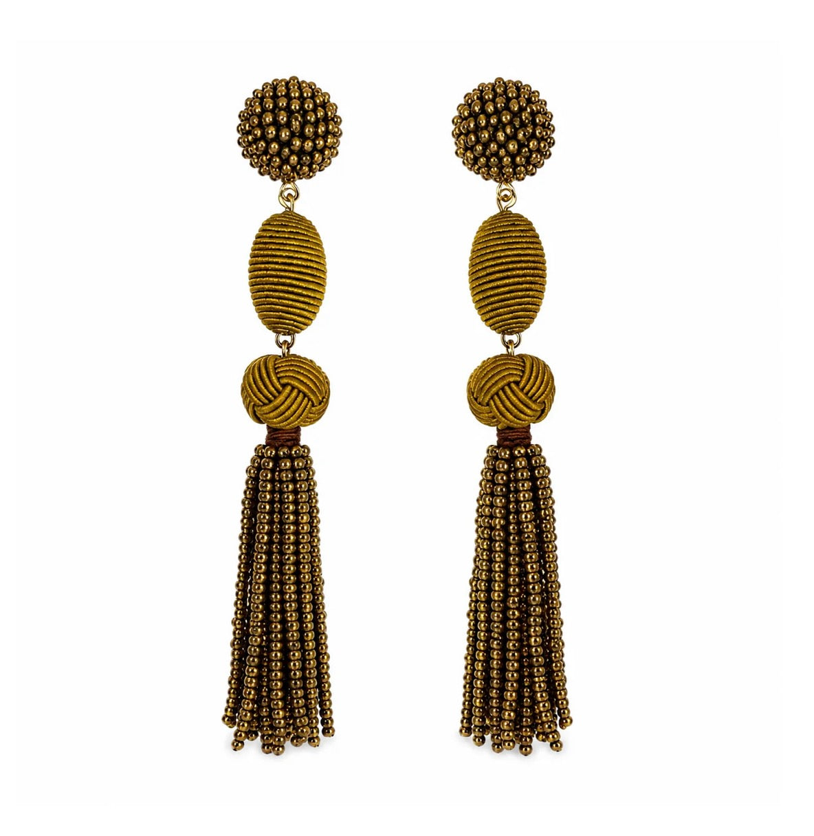 Woven Ball Tassel Earrings - Olive Green