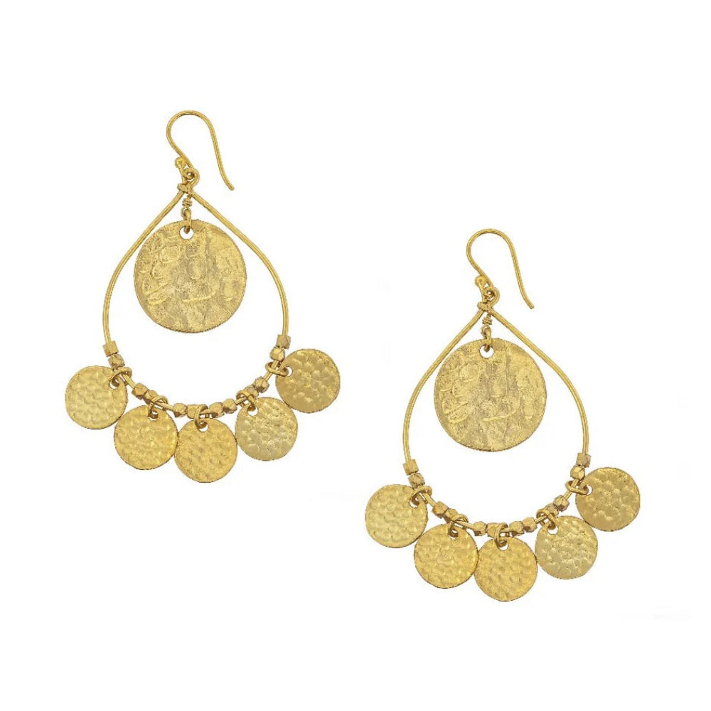 Gold Teardrop Frame Earrings with 6 Hand-beaten Coin