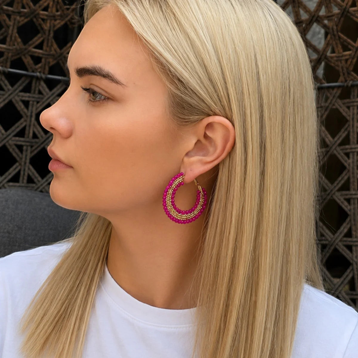 Fuchsia Mini Beaded Ombre Hoop Earrings