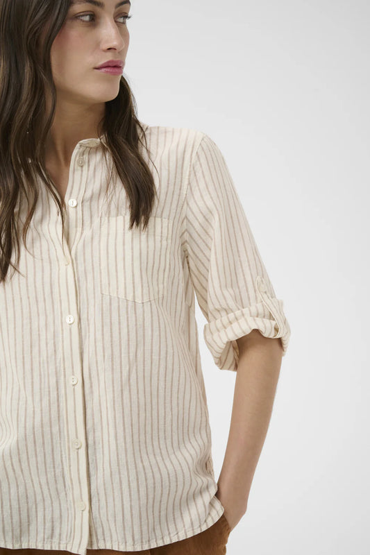 Cindie Button Up Linen Shirt - Neutral Stripe