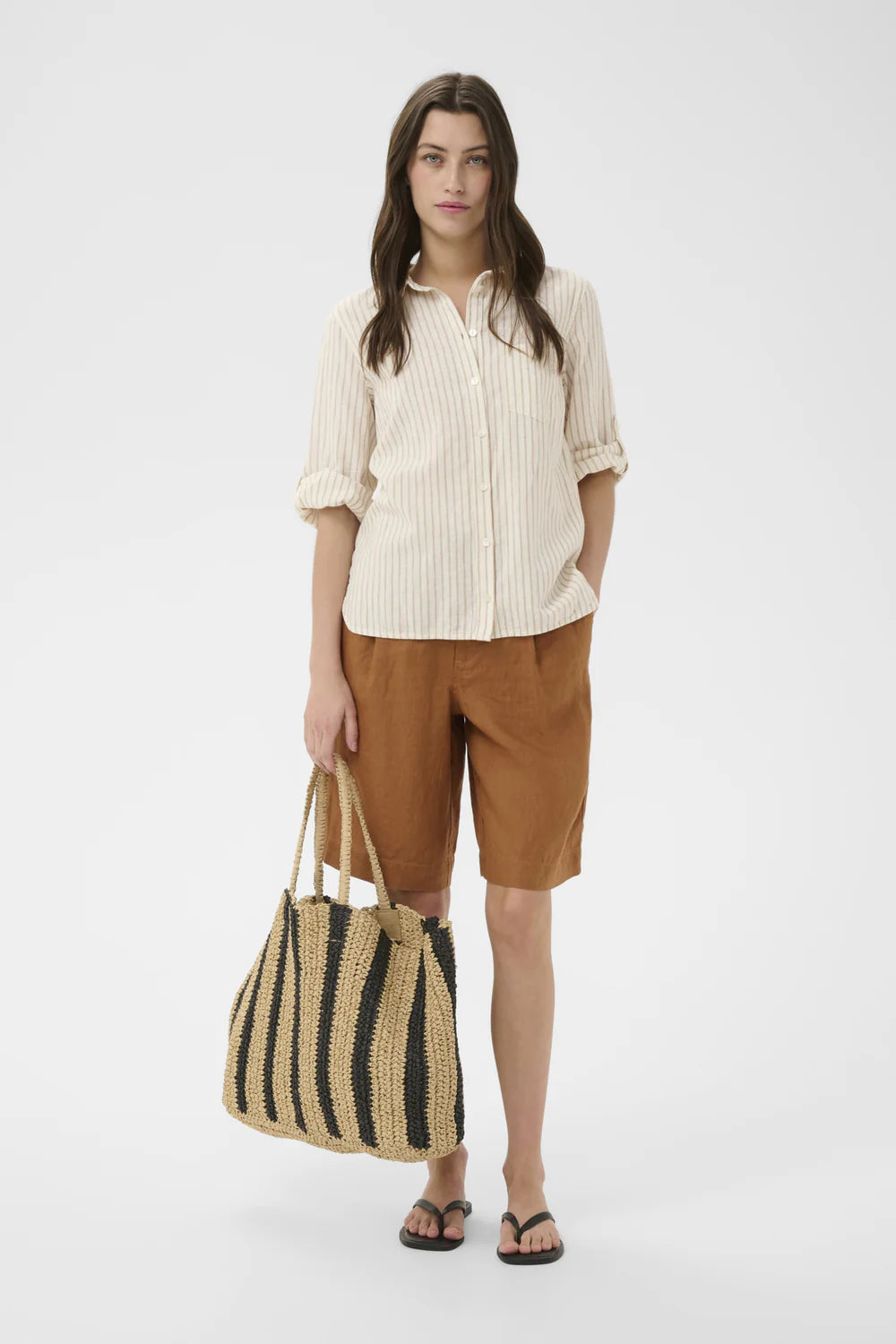 Cindie Button Up Linen Shirt - Neutral Stripe